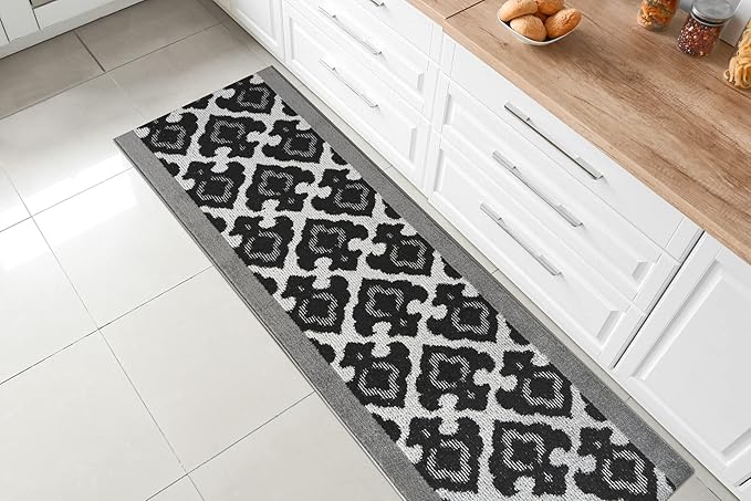 Custom Length Cut to Size Fleur de Lis Inspired Carpet Runner Rug for Hallways, Non Slip Rubber Backed, 31 inch Wide X Customized Length, Royal Grey, 31 inch X 13 feet