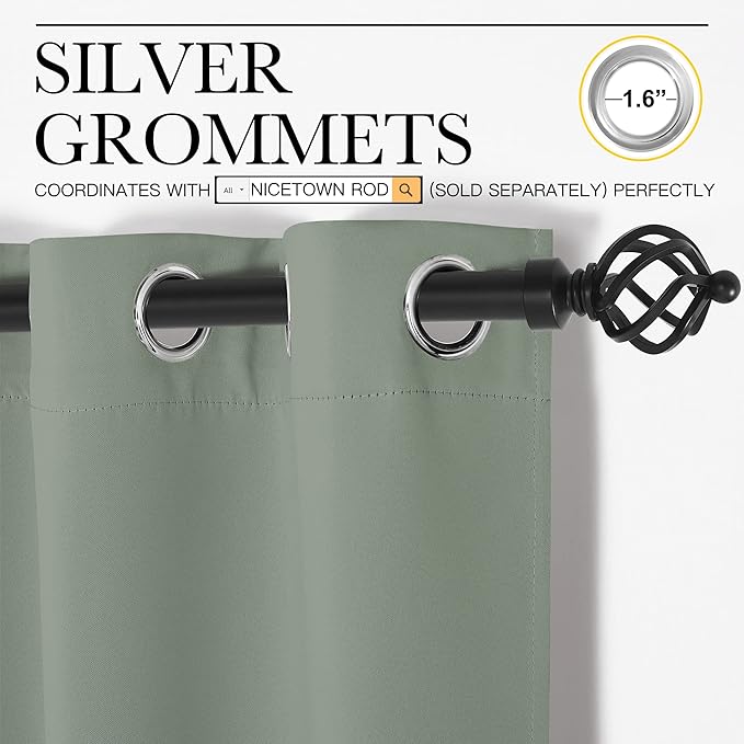 NICETOWN Bedroom Curtain Panels Blackout Draperies, Thermal Insulated Solid Grommet Blackout Curtains/Drapes (Greyish Green, 1 Pair, 34 by 72-inch)