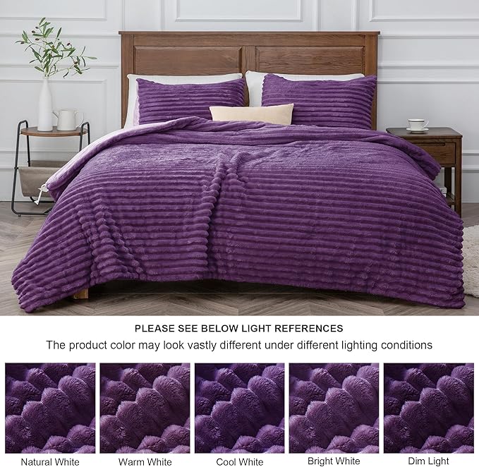BEDELITE Fleece Queen Comforter Set -Super Soft & Warm Fluffy Purple Bedding, Luxury Fuzzy Heavy Bed Set for Winter with 2 Pillow Cases
