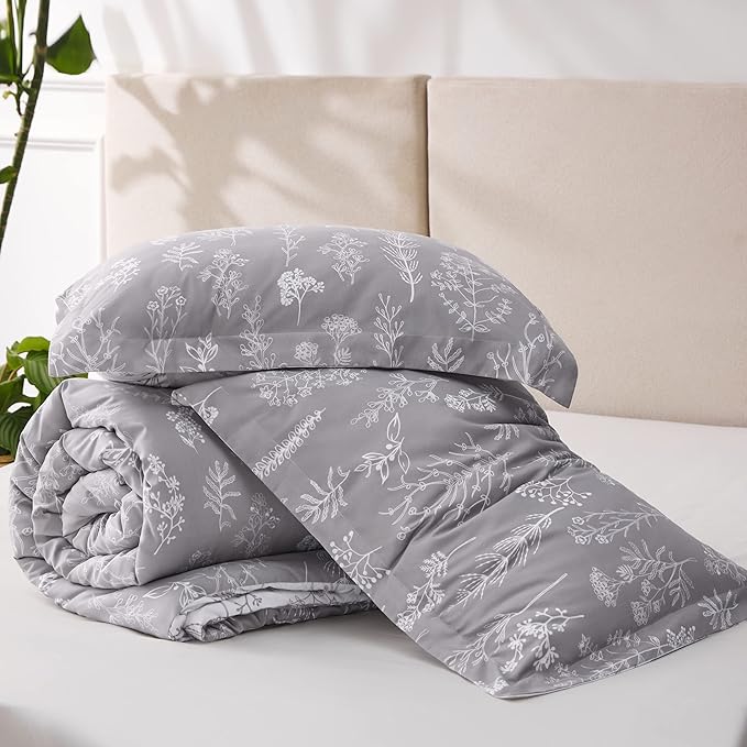 Bedsure Queen Comforter Set - Grey Bed Set, 3 Pieces Cute Floral Bedding, 1 Soft Reversible Botanical Flowers Comforter and 2 Pillow Shams