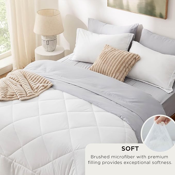 Bedsure Queen Comforter Set - 7 Pieces Reversible White and Grey Bedding, Queen Bed Set for All Seasons, Bed in a Bag with Down Alternative Comforter, Grey Sheets, Pillowcases & Shams