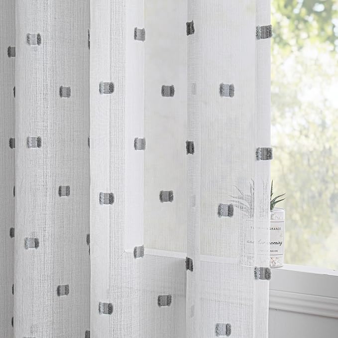 MYSKY HOME White Curtains for Bedroom 84 Inch Length Long Sheer Curtains for Living Room Nursery Curtains with Grey Patched Design Rod Pocket Privacy Window Drapes Dining Room 52" x 84" 2 Panels