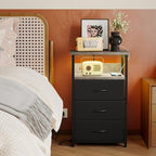 Fixwal Night Stand with Charging Station, LED Nightstand with Fabric Drawers, End Table with PU Finish, Bed Side Table, French Oak