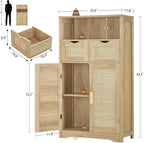 Iwell Storage Cabinet with 2 Drawers & Adjustable Shelves, Rattan Cabinet, Kitchen Pantry Cabinets, Cupboard for Living Room, Kitchen, Home Office, Natural
