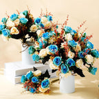 Hotop 12 Bunches of Artificial Flowers Centerpiece 13 Inches Silk Faux Roses Bouquets for Table Decoration Realistic Bouquet Arrangement Boho Faux Flowers for Wedding (Light Blue)