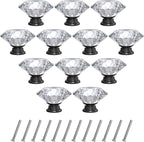 12-Pack Crystal Glass Cabinet Knobs for Home Decor, Vanity Drawers, Desks, Wardrobe Doors, Standard Screws Easy Installation for Home Refurbishment and Redecoration (Clear Crystal, 40mm, Black Base)