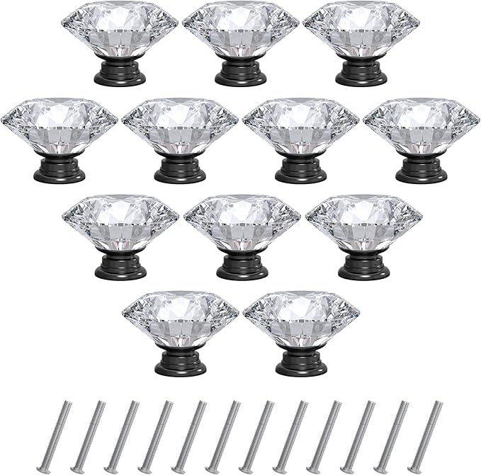 12-Pack Crystal Glass Cabinet Knobs for Home Decor, Vanity Drawers, Desks, Wardrobe Doors, Standard Screws Easy Installation for Home Refurbishment and Redecoration (Clear Crystal, 40mm, Black Base)