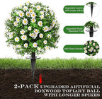 23" Set of 2 Artificial Boxwood Topiary Ball with Sunflower Flowers with Spikes for Outdoor, UV Resistant Faux Greenery Shrubs, Realistic Fake Bushes Plants for Garden, Yard, Front Porch, Patio Decor