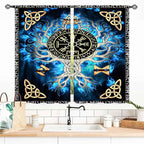 Tree of Life Curtains, Vikings Celtic Nordic Life Tree Scandinavian Aesthetic Mythology Blue Window Drapery Treatments for Bedroom Living Room Bathroom 2 Panels, 55x39 Inch