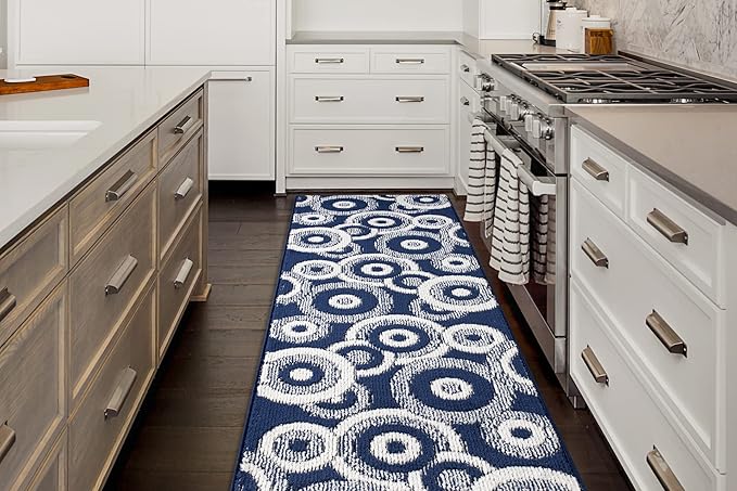 Custom Length Cut to Size Retro Modern Coastal Carpet Runner Rug for Hallways, Non Slip Rubber Backed, 31 inch Wide X Customized Length, Geo Blue, 31 inch X 10 feet
