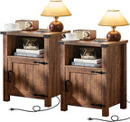Night Stand Set of 2, 18 Inch Farmhouse Nightstand with with Charging Station and USB Port, Rustic Wood Bedside Table with Magnetic Door, Bed Side Tables for Bedroom, Reclaimed Barnwood