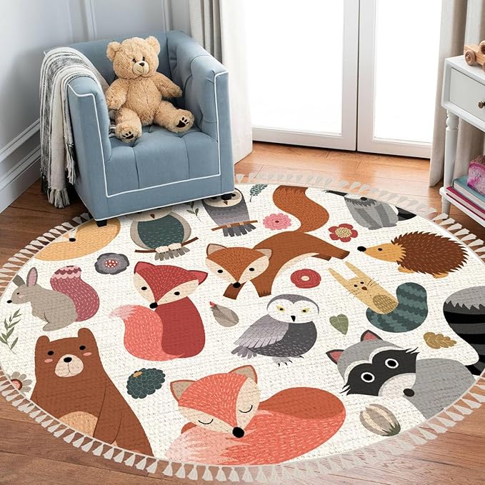 Round Rugs Woodland Animals Cute Forest Design Elements Boho Area Rug Linen and Cotton Carpet Meditation Rug Washable Hallway Runner Mat Accent Rug for Bedroom Bathroom 3ft