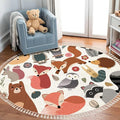 Round Rugs Woodland Animals Cute Forest Design Elements Boho Area Rug Linen and Cotton Carpet Meditation Rug Washable Hallway Runner Mat Accent Rug for Bedroom Bathroom 3ft