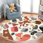 Round Rugs Woodland Animals Cute Forest Design Elements Boho Area Rug Linen and Cotton Carpet Meditation Rug Washable Hallway Runner Mat Accent Rug for Bedroom Bathroom 3ft