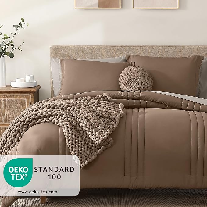Monbix Queen Comforter Set - 7 Pieces Raw Umber Bed in a Bag Queen Bedding Sets with Comforters, All Seasons Down Alternative Comforter Bed Set with Sheets,Pillowcases & Shams