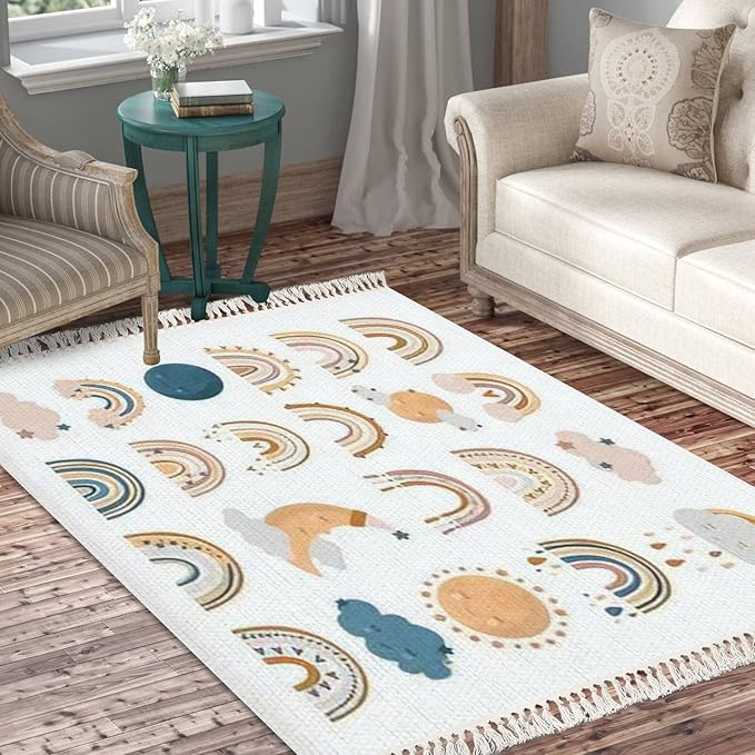 Boho Rug Hand Drawn Cute Rainbows Moon Sun Scandinavian Chic Area Rug Washable Hallway Runner Rug Meditation Mat Minimalist Home DecorLiving Room Bedroom Nursery Playroom Classroom, 4'x6