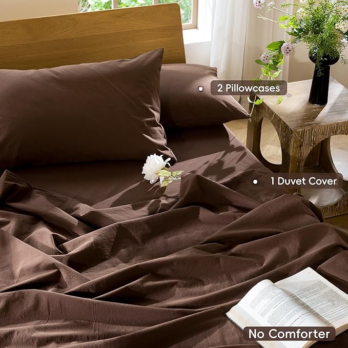MooMee Bedding Duvet Cover Set 100% Washed Cotton Linen Like Textured Breathable Durable Soft Comfy (Solid Cocoa Brown, Palatial King/Oversized King 120"x98")