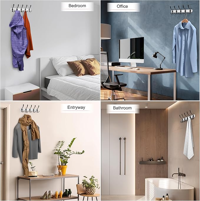 Coat Rack Wall Mount with 5 Tri Hooks, Stainless Steel 16 Inch – White & Black Matte Finish, Heavy Duty Wall Mounted Hook Rack for Coats, Hats, Towels, Scarfs, Robes, Bags, Entryway & Bathroom, 2 Pack