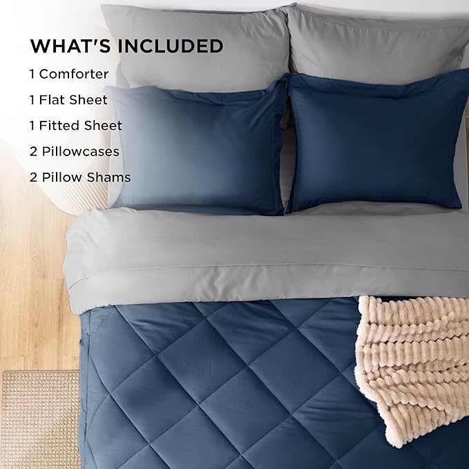 Bedsure Full Size Comforter Set - 7 Pieces Reversible Navy Bedding, Full Size Bed Set for All Seasons, Bed in a Bag with Down Alternative Comforter, Sheets, Pillowcases & Shams