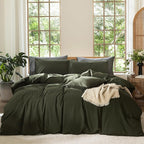 MooMee Bedding Duvet Cover Set 100% Washed Cotton Linen Like Textured Breathable Durable Soft Comfy (Solid Olive Green, Full 80"x90")
