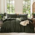 MooMee Bedding Duvet Cover Set 100% Washed Cotton Linen Like Textured Breathable Durable Soft Comfy (Solid Olive Green, Twin 68"x90")