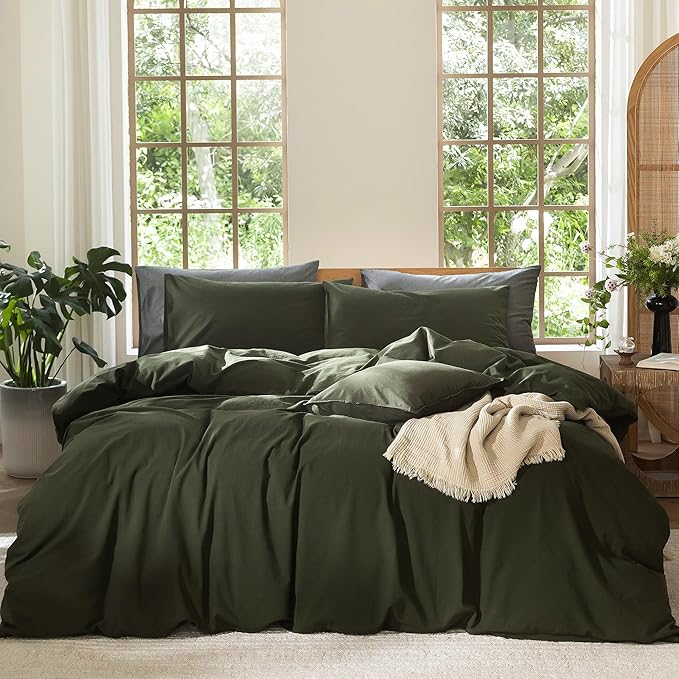 MooMee Bedding Duvet Cover Set 100% Washed Cotton Linen Like Textured Breathable Durable Soft Comfy (Solid Olive Green, Oversized Queen 98"x98")