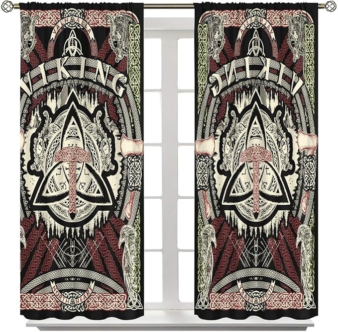 Viking Curtains Nordic Mythology Rune Weapon Antique Viking Pirate Crow Art Pattern Printed Curtains Bedroom Living Room Decoration Blackout Curtains W42 * L63 Inch