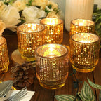 Gold Mercury Glass Votive Candle Holders Set of 6, Wedding Party Candlestick, Elegant Table Centerpiece Candles,Gold Tealight Candle Holders Set, Festive Holiday Home Decor