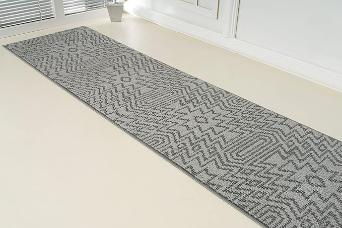 Custom Size Southwestern Style Runner Rug Mat for Wide Hallway Entryway Kitchen Laundry Room with Slip Resistant Latex Rubber Backing, Inca Grey, 31 inch X 10 feet