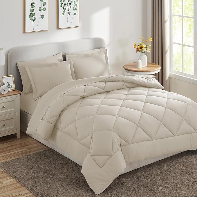 CozyLux California King Comforter Set Oatmeal - Cal King Bed in a Bag 7 Pieces, Luxury Soft Bed Set for All Seasons, Bedding Set with Down Alternative Comforter, Sheets, Pillowcases & Shams