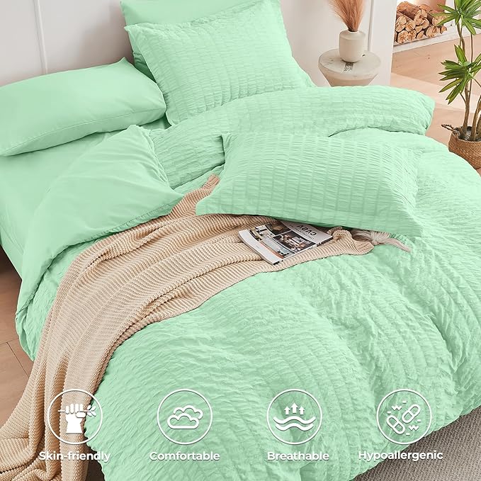 HYMOKEGE Mint Green Queen Comforter Set Seersucker 7 Pieces, All Season Luxury Bed in a Bag Queen for Bedroom, Bedding Set with Comforter, Sheets, Pillowcases & Shams