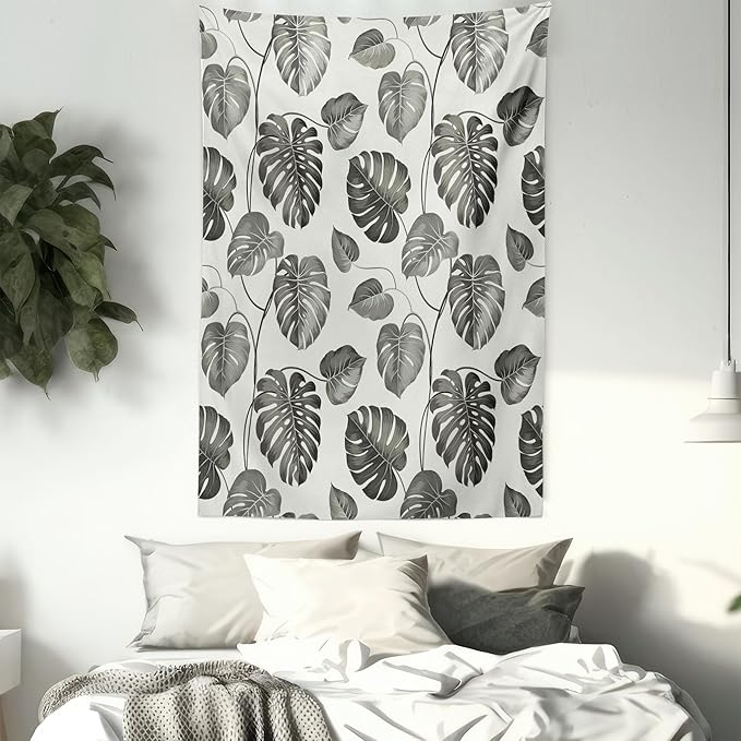 Ambesonne Grey Tapestry, Illustration of Tropical Monstera Leaves Classical with Soft Colors Nature, Wall Hanging for Bedroom Living Room Dorm, 60" X 80", Coconut Gray