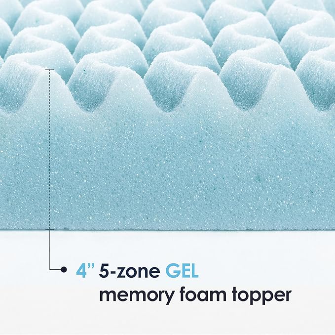 Mellow 4 Inch 5-Zone Memory Foam Mattress Topper, Cooling Gel Infusion, Dorm Essentials, Short Queen Blue