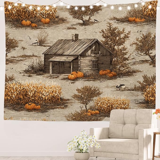 Batmerry Vintage Harvest Tapestry, Cabin In Pumpkin Field Wall Art Hanging Decoration Polyester Fiber White Ruffled Around for Dorm Room Bedroom Living Room, 59.1x82.7 inches