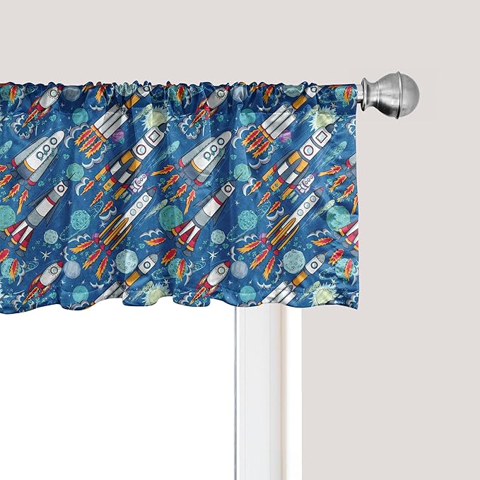 Ambesonne Spaceship Window Valance Pack of 2, Hand-Drawn Cartoon Spaceships Planets and Stars Outer Space Exploration Theme, Rod Pocket Curtain Valances for Kitchen Bedroom, 54" X 12", Violet Blue
