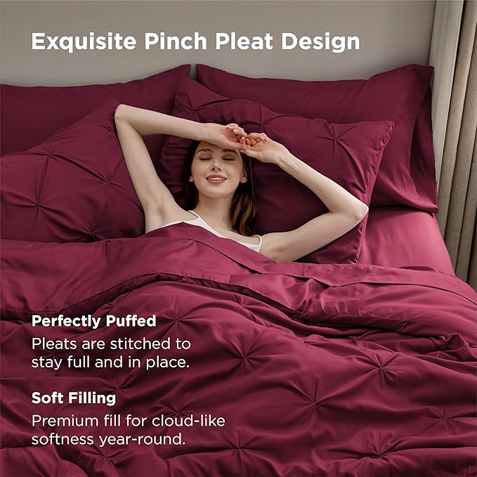 Bedsure Queen Comforter Set Dark Red - Bed in a Bag Queen Size Bedding 7 Pieces, GentleSoft™ Pintuck Bed Set Gift for Family, Pinch Pleat All Season Comforter with Sheets, Pillowcases & Shams
