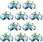 NUPTIO Pcs of 10 Fake Flower Ball Arrangement Bouquet,15 Heads Plastic Roses with Base, Suitable for Our Store's Wedding Centerpiece Flower Rack for Parties Valentine's Day Home Décor (Blue & White)