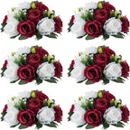 NUPTIO Flower Wedding Centrepieces for Tables - 6 Pcs 9.5in Diameter Burgundy & White Artificial Flowers Rose Ball for Centerpieces Table - Fake Rose Arrangements for Weddings Birthday Party Decor
