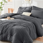 HYMOKEGE Twin Comforter Set Seersucker 5 Pieces, All Season Luxury Bed in a Bag for Bedroom, Bedding Set with Comforters, Sheets, Pillowcase & Sham, Dark Grey