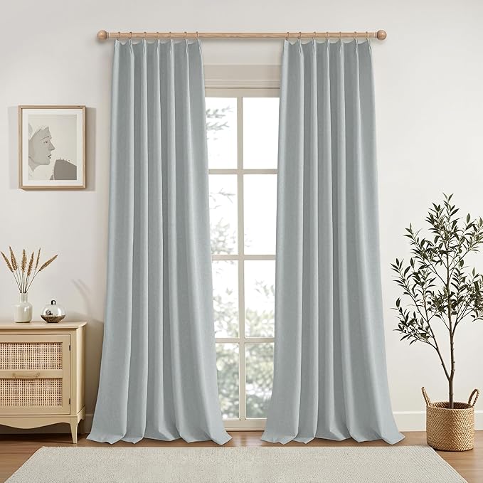 KangBang 100% Blackout Pinch Pleated Curtains 108 Inches Long, Linen Blend Pinch Pleated Window Drapes with Hooks, Track System Curtain Panels for Sliding Door Modern Farmhouse,60x108, Fog Grey,2 PCs