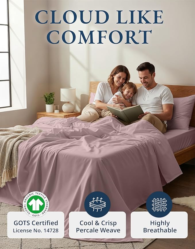 LANE LINEN Eco Friendly 100% Organic Cotton Bed Sheets Full Size, Fully Elasticized Reinforsed Seams, Machine Washable Naturally Cooling Full Sheet Deep Pocket Bedding- Lilac