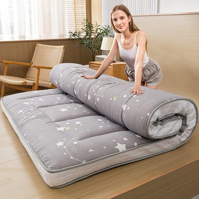 MAXYOYO Grey Constellation Futon Mattress, Padded Japanese Floor Mattress Quilted Bed Mattress Topper, Extra Thick Folding Sleeping Pad Breathable Floor Lounger Guest Bed for Camping Couch, Queen