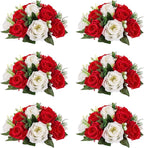 NUPTIO Pcs of 6 Fake Flower Ball Arrangement Bouquet,15 Heads Plastic Roses with Base, Suitable for Our Store's Wedding Centerpiece Flower Rack for Parties Valentine's Day Home Décor (Red & White)