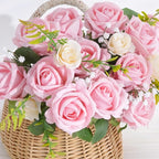 BLEUM CADE 100 Pcs Pink Roses Artificial Flowers, Real Touch Velvet Roses Fake Flowers Bulk, Artificial Roses Bouquet with Long Stems Bridal DIY Wedding Party Centerpiece Decorations