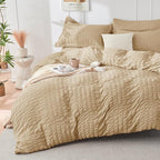 HYMOKEGE Khaki Full Size Comforter Sets Seersucker 7 Pieces, All Season Luxury Bed in a Bag for Bedroom, Bedding Set with Comforter, Sheets, Pillowcases & Shams