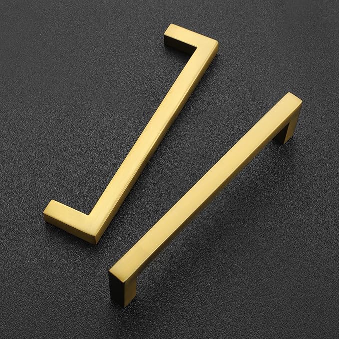 Ravinte 10 Pack Solid Gold Kitchen Cabinet Handles Slim Drawer Pulls with 5 Inch Hole Center Square Bar Cupboard Hardware