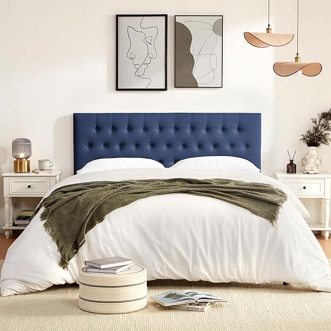 Tufted Upholstered Headboard Queen Size, Solid Wood Head Board with Metal Legs, Adjustable Height Bed headboard from 37" to 51" Fabric Headboard in Modern Button Design, Blue