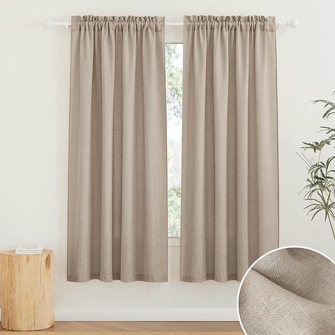 RYB HOME Natural Linen Curtains Light Filtering Privacy for Living Room Bedroom, Vertical Soft 95 Inches Long Window Treatments Kitchen Laundry Room, W 34 x L 95 inches, Khaki, 2 Panels Set
