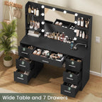 Quimoo Large Vanity Desk with LED Lighted Mirror & Power Outlet,Makeup Vanity Table with 7 Drawers,4 Shelves and 5 Hooks,Vanity Table, Vanity Desk Set for Bedroom,Bathroom，Black