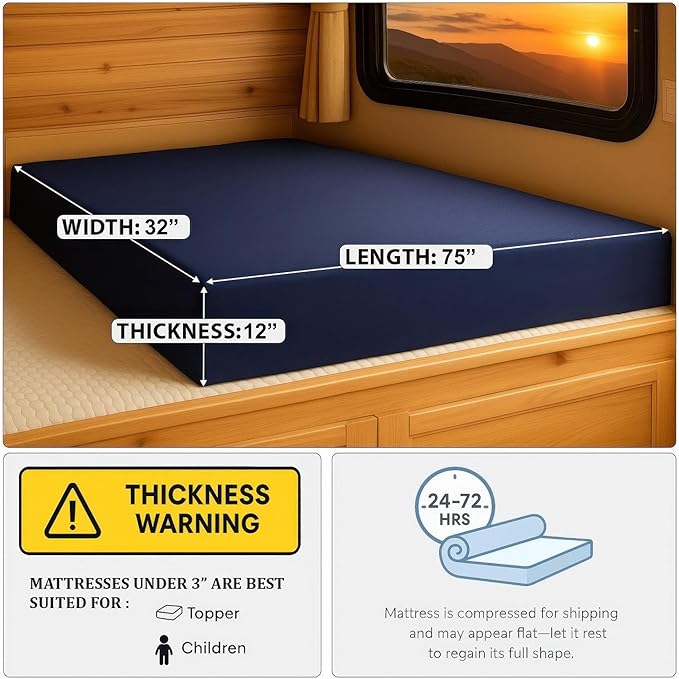 Foamma 12" x 32" x 75" Water Resistant Gel Memory Foam RV Bunk Mattress, Firm High Density Foam Base, Comfortable and Durable Polyester Cover, Truck, Camper, Travel Trailer, Made in USA!